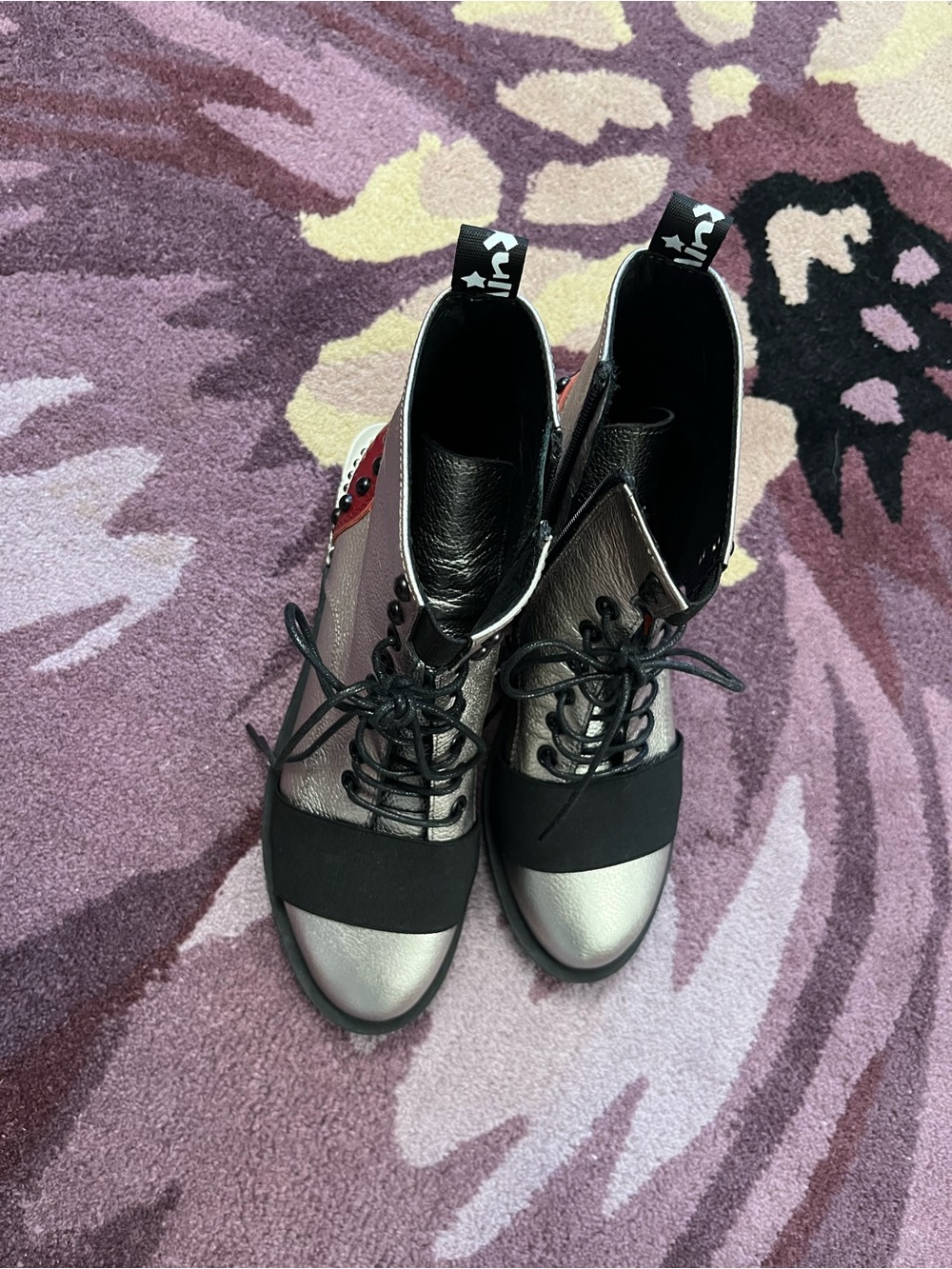 Metallic Silver Leather Lace-Up Women’s Ankle Boots with Black Strap